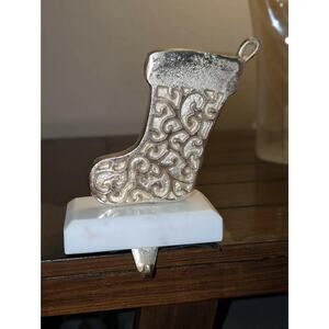 Gold Cast Iron Christmas Stocking Holder White Marble Base Holiday Decor 7.5"